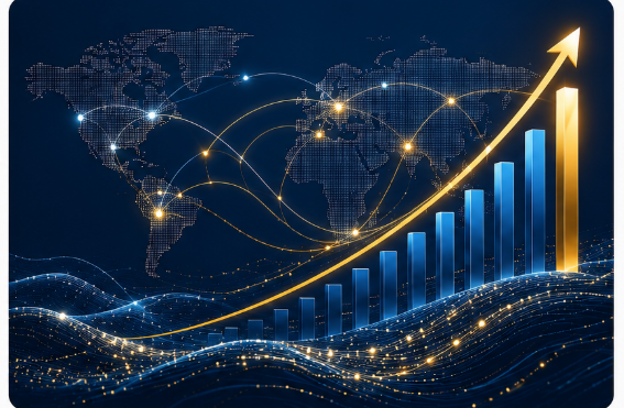 World map with global connection points, AI data lines, a rising bar chart and a gold upward growth arrow representing career growth